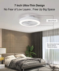 Low Profile Flush Mount Ceiling Fan With Lights Remote Control 6 Speeds Dimmable LED 3 Color Temperatures Iron Finish 18.9 Inch Bladeless Enclosed White Ceiling Fan For Bedroom And Kitchen, mounted in modern bedroom.