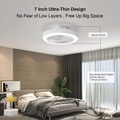 Low Profile Flush Mount Ceiling Fan With Lights Remote Control 6 Speeds Dimmable LED 3 Color Temperatures Iron Finish 18.9 Inch Bladeless Enclosed White Ceiling Fan For Bedroom And Kitchen, mounted in modern bedroom.