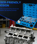 Universal Cam Bearing Installation And Removal Tool Kit With 1-1/8 To 2-2/3 Inch Adapters showcased with engine block