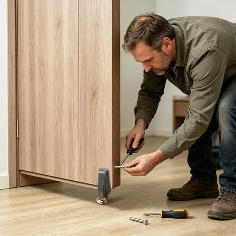 Man installing Heavy Duty Sliding Gate Roller Wheel Sagging Door Support Bearing on wooden sliding door with tools.