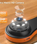 Handheld Digital Microscope With 2-In IPS Color Screen Portable Macro Magnifier For Curious Kids Built-In 8 LED Lights USB Compatible With PC And Mac Stores 200 Photos SD Expandable Fixed And Ultra Macro Focus, orange handheld microscope on wood