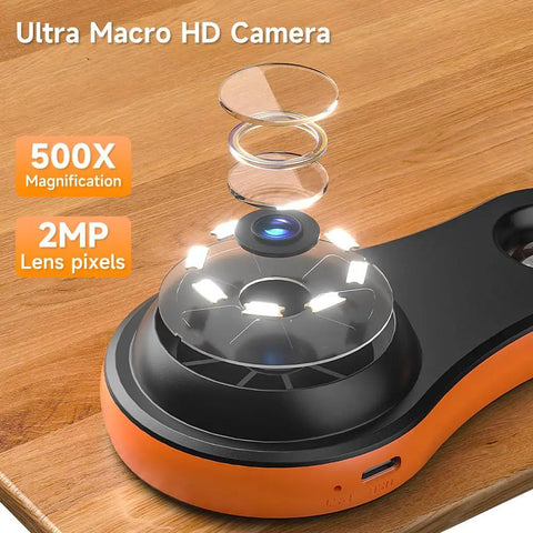 Handheld Digital Microscope With 2-In IPS Color Screen Portable Macro Magnifier For Curious Kids Built-In 8 LED Lights USB Compatible With PC And Mac Stores 200 Photos SD Expandable Fixed And Ultra Macro Focus, orange handheld microscope on wood