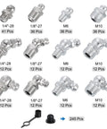 490-Piece Galvanized Steel Grease Fitting Kit With Straight And Angled Nipples in various thread sizes displayed on white background