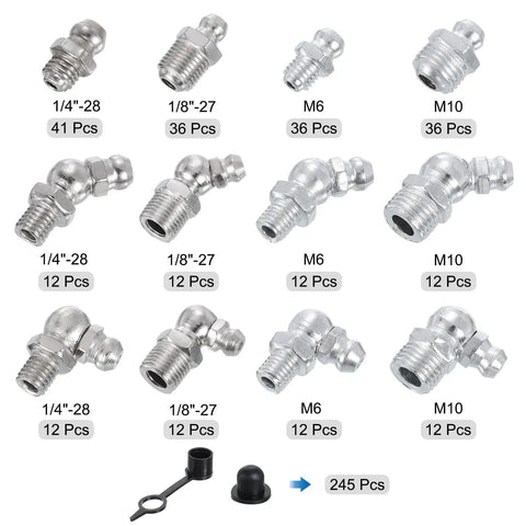 490-Piece Galvanized Steel Grease Fitting Kit With Straight And Angled Nipples in various thread sizes displayed on white background