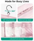 Travel Toiletry Bag For Women With Hanging Hook, dual zip compartments, clear window showcasing bottles, pink detail view