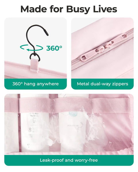 Travel Toiletry Bag For Women With Hanging Hook, dual zip compartments, clear window showcasing bottles, pink detail view