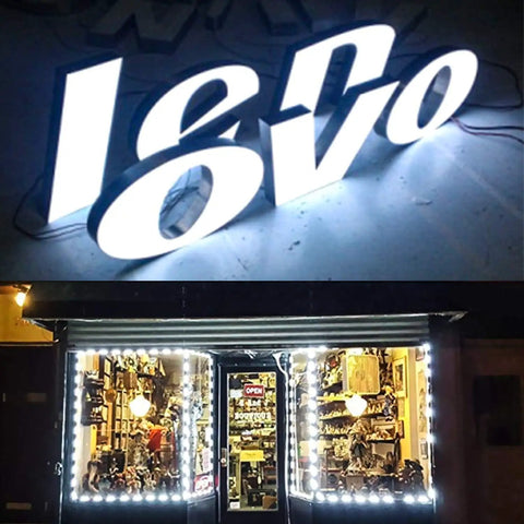 Storefront and illuminated letter sign lit by 100 Pack LED Module Strip Lights Kit With Adhesive Backing, 54ft Length, AC110V, 2835 SMD