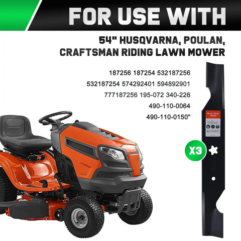 Z254F 54 Inch High Lift Mower Blades For Husqvarna Zero Turn Mowers Top Notch Replacement shown with riding mower