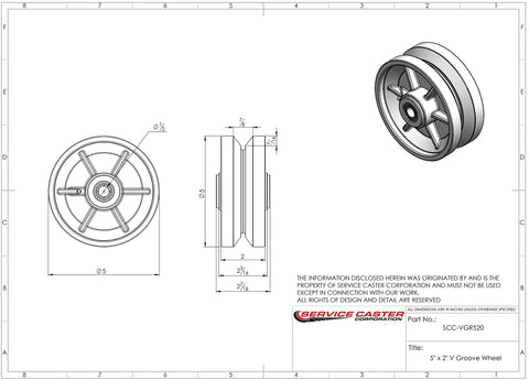 Technical diagram of 5 inch V-groove replacement wheel, showing dimensions and design adjustments for industrial applications.