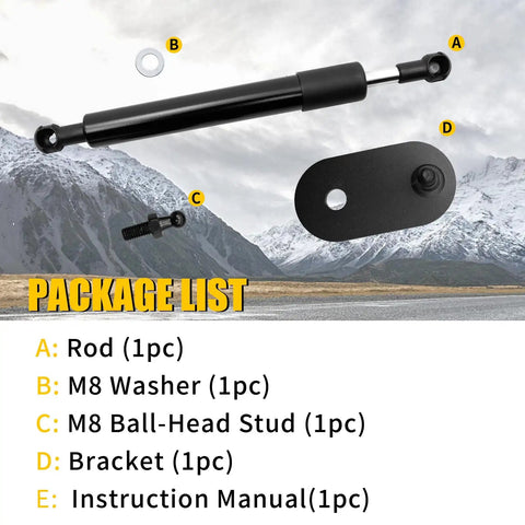 Heavy Duty Tailgate Lift Assist For 2007 To 2021 Toyota Tundra Trucks package list showing rod, washer, ball-head stud, bracket, manual.