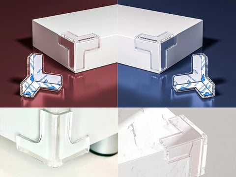 Clear Corner Protectors For Furniture 12 Pack With T Shape Edge Guards on different surfaces; silicone 30 mm coverage.