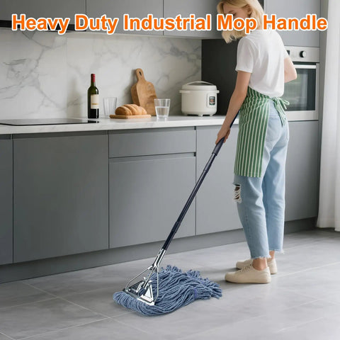 Damn Near Indestructible 60 Inch Heavy Duty Metal Mop Handles 2 Pack Gritty Commercial Workhorse Mop Sticks in use on tile floor.