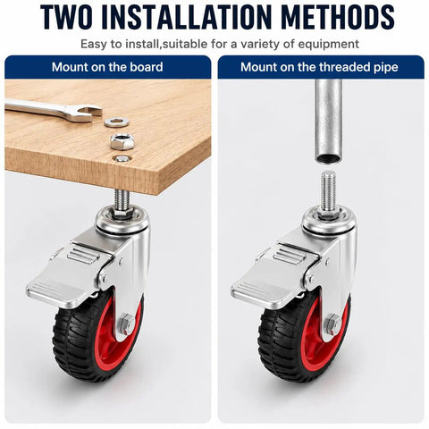 Top Shelf 4 Inch Swivel Caster Wheels Set Of Four Badass Heavy Duty Threaded Stem Locking Casters With Three Eighth Inch Male Thread showing installation methods.