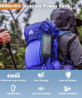 Hiker with a backpack using Go-To Ultra Portable 49800mAh Solar Charger Power Bank With Type C And Dual USB Ports, Waterproof.