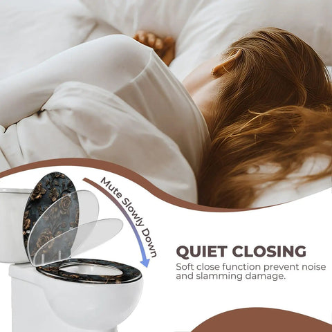 Toilet Seat Round Resin for Bathroom with soft close feature, sits on a toilet and reduces noise during closing.
