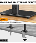 Top view of free standing monitor stand with VESA mount, showing base on desk without drilling, compared to clamped mounts.