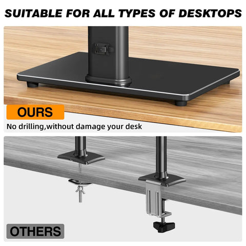 Top view of free standing monitor stand with VESA mount, showing base on desk without drilling, compared to clamped mounts.