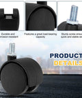 Heavy Duty 4 Pack 2 Inch Swivel Caster Wheels M10 Threaded Stem Black Nylon Furniture Casters with sturdy screw for stable setup.