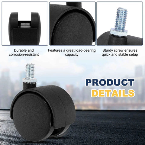 Heavy Duty 4 Pack 2 Inch Swivel Caster Wheels M10 Threaded Stem Black Nylon Furniture Casters with sturdy screw for stable setup.