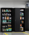 Heavy Gauge Steel Storage Cabinet With Two Doors And Five Adjustable Shelves, Seventy One Inch Tall Lockable Tool Box For Garage Or Office, Black Finish filled with tools and supplies.