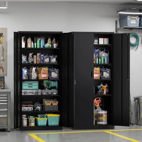 Heavy Gauge Steel Storage Cabinet With Two Doors And Five Adjustable Shelves, Seventy One Inch Tall Lockable Tool Box For Garage Or Office, Black Finish filled with tools and supplies.