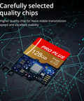 Two Pack 128GB Micro TF Card With Adapter High Speed UHS I C10 A1 Memory Card for all devices, close-up view.