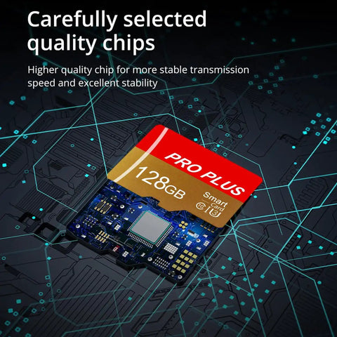 Two Pack 128GB Micro TF Card With Adapter High Speed UHS I C10 A1 Memory Card for all devices, close-up view.