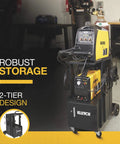 Two Tier Welding Cart With Locking Cabinet, Heavy Duty Shop Organizer holding welding equipment, gas cylinder, and cables