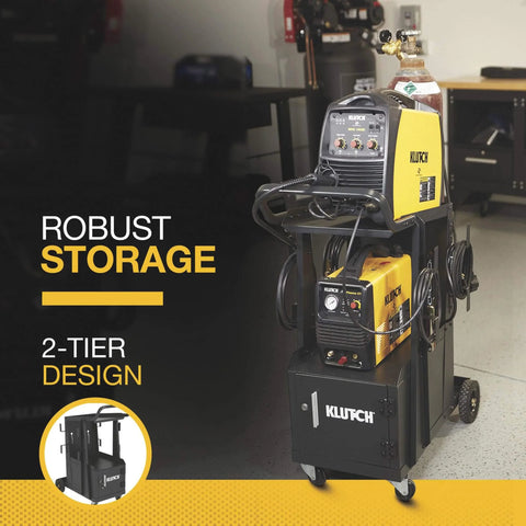 Two Tier Welding Cart With Locking Cabinet, Heavy Duty Shop Organizer holding welding equipment, gas cylinder, and cables