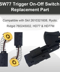 Dead Nuts Reliable Sw77 Aftermarket Circular Saw Trigger Switch rated at 20 Amps with spare carbon brushes for Skil Ryobi Ridgid models.