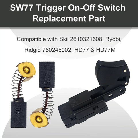 Dead Nuts Reliable Sw77 Aftermarket Circular Saw Trigger Switch rated at 20 Amps with spare carbon brushes for Skil Ryobi Ridgid models.