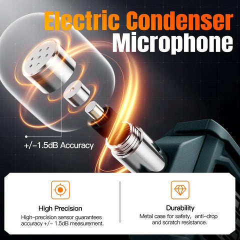 Handy Decibel Meter For Home, Office And Factory, Digital Sound Level Meter With AC Weighting, Reads 30 To 130 dB, Fast And Slow Response, Max And Min Readouts, LCD Screen, Neighbors Noise Checker, Vitality Orange, metal mic sensor detail