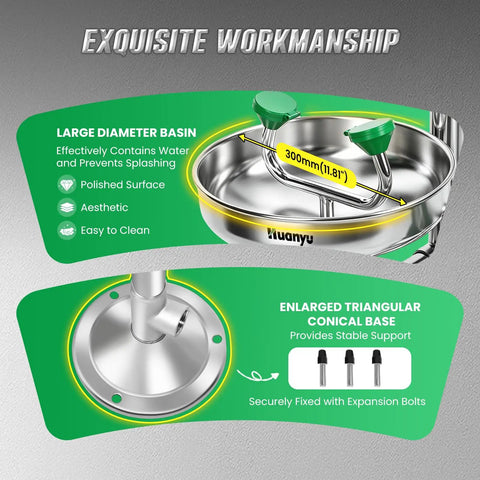 Emergency Shower And Eyewash Station Kit In 304 Stainless Steel with enlarged base and widened deep basin detail
