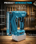 Makita 18V Compatible Cordless Brad Nailer And Stapler 2 In 1 showcasing safety pin, nail viewing window, nail magazine, and power adjust features.