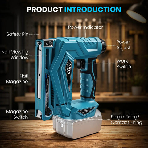Makita 18V Compatible Cordless Brad Nailer And Stapler 2 In 1 showcasing safety pin, nail viewing window, nail magazine, and power adjust features.