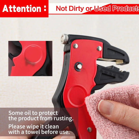 2 In 1 Automatic Wire Stripper And Cutter Self Adjusting Tool For 10 24 AWG Cables being wiped with a towel