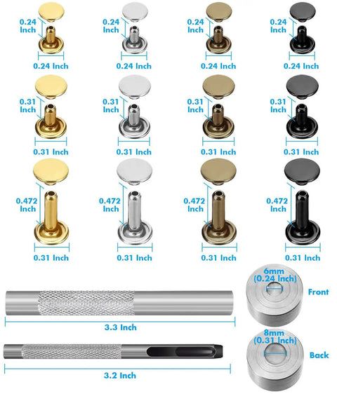 Leather Rivet Kit With 480 Sets In 3 Sizes And 4 Colors, including double cap tubular metal rivets and setting tools for leather repairs.