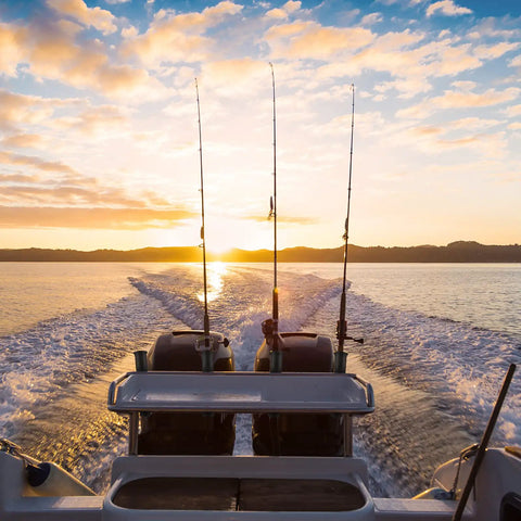 Boat stern with Six Tube Fishing Rod Holder Bracket Black With Screws ABS Plastic Rugged Pole Storage Mount at sunrise