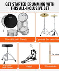 Ultimate 5-Piece Adult Drum Set Full Size Kit With Poplar Shells Warm Sound includes drum kit, cymbals, throne, pedal, and drumsticks.