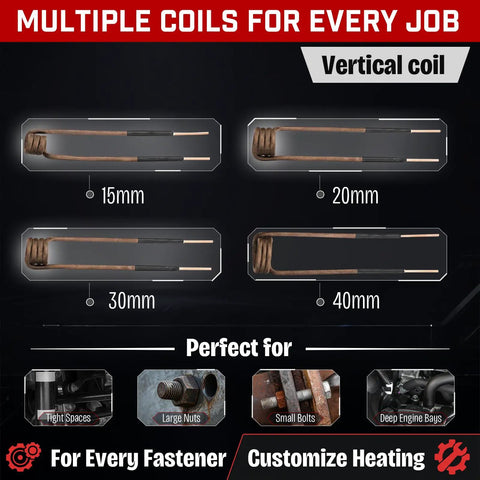 Multiple coils for Badass 1500W Magnetic Induction Heater Kit For Loosening Rusted Bolts And Nuts, sizes 15mm to 40mm.