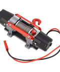 Check Out This Sick CNC Metal RC Dual Motor Winch For Your Truck, featuring a red and silver alloy body with a hook.