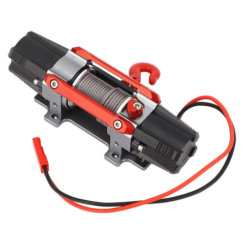 Check Out This Sick CNC Metal RC Dual Motor Winch For Your Truck, featuring a red and silver alloy body with a hook.