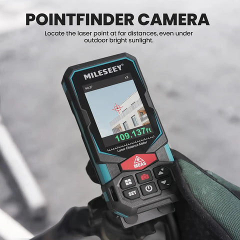 Outdoor Laser Measure 330 Feet With Cam Viewfinder And Adjustable Aluminum Tripod Portable Handle And Protective Case For Easy Outdoor Measuring Long Distance Accuracy To One Sixteenth Inch PowerBurst PowerChirp Tech hand-held with pointfinder camera display