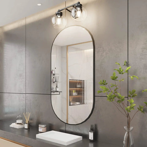 Industrial Vanity Light Fixture With Two Light Vintage Matte Black Bathroom Lighting Globe Clear Glass Shades above mirror
