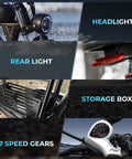 Retro Vibes Dual Battery Fat Tire Electric Bike For Adults features headlight, rear light, storage box, and 7 speed gears.