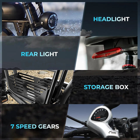 Retro Vibes Dual Battery Fat Tire Electric Bike For Adults features headlight, rear light, storage box, and 7 speed gears.