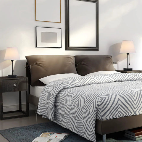 Bedroom with set of 2 modern bedside lamps with ivory white barrel shade, sleek silver metal base, USB and AC ports on nightstands