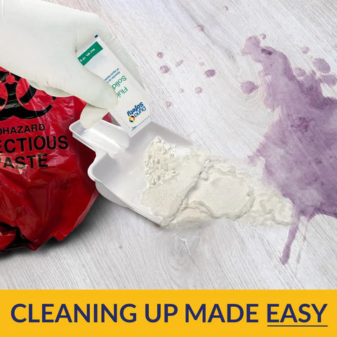 Bodily Fluid Cleanup Kit for Biohazard Spills, Wall-Mountable or Portable, OSHA Bloodborne Pathogen Safe, Bleach-Free Solidifier in use