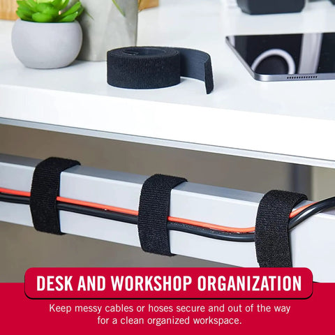 Extra Narrow Self Gripping Cable Straps Half Inch By Thirty Feet Roll Cut To Length Reusable Tape securing cables under desk
