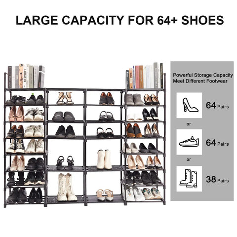 Extra Large Eight Tier Four Row Shoe Rack Holds 72 To 76 Pairs Beefy Heavy Duty Metal Boot Storage Organizer filled with shoes